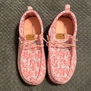 Simply southern flamingo slip on shoes.